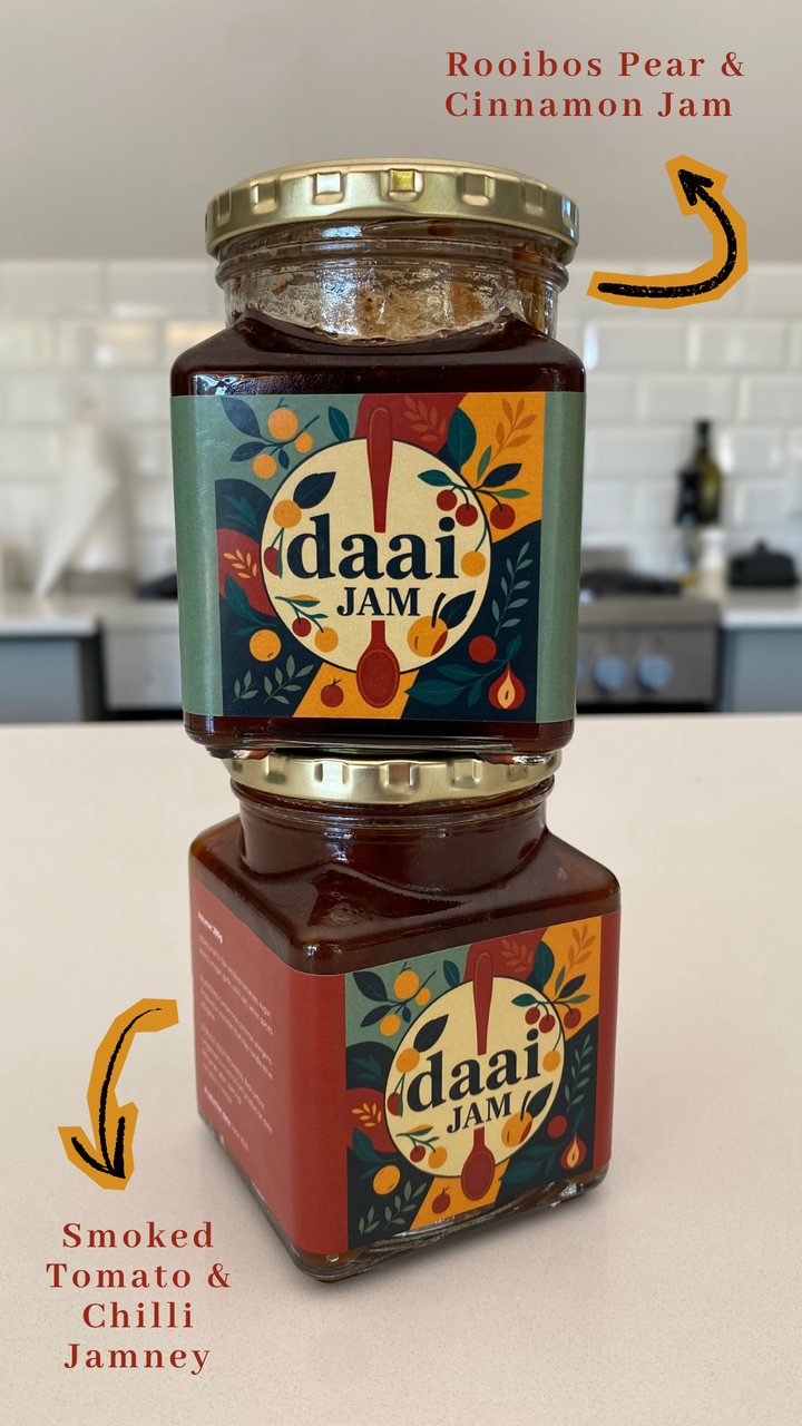 Daai Jam Rooibos Pear & Cinnamon Jam stacked on top of Smoked Tomato & Chilli Jamney